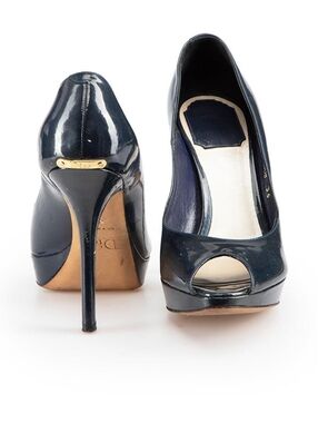Dior Navy Patent Peep-Toe Stilettos with Gold Accent